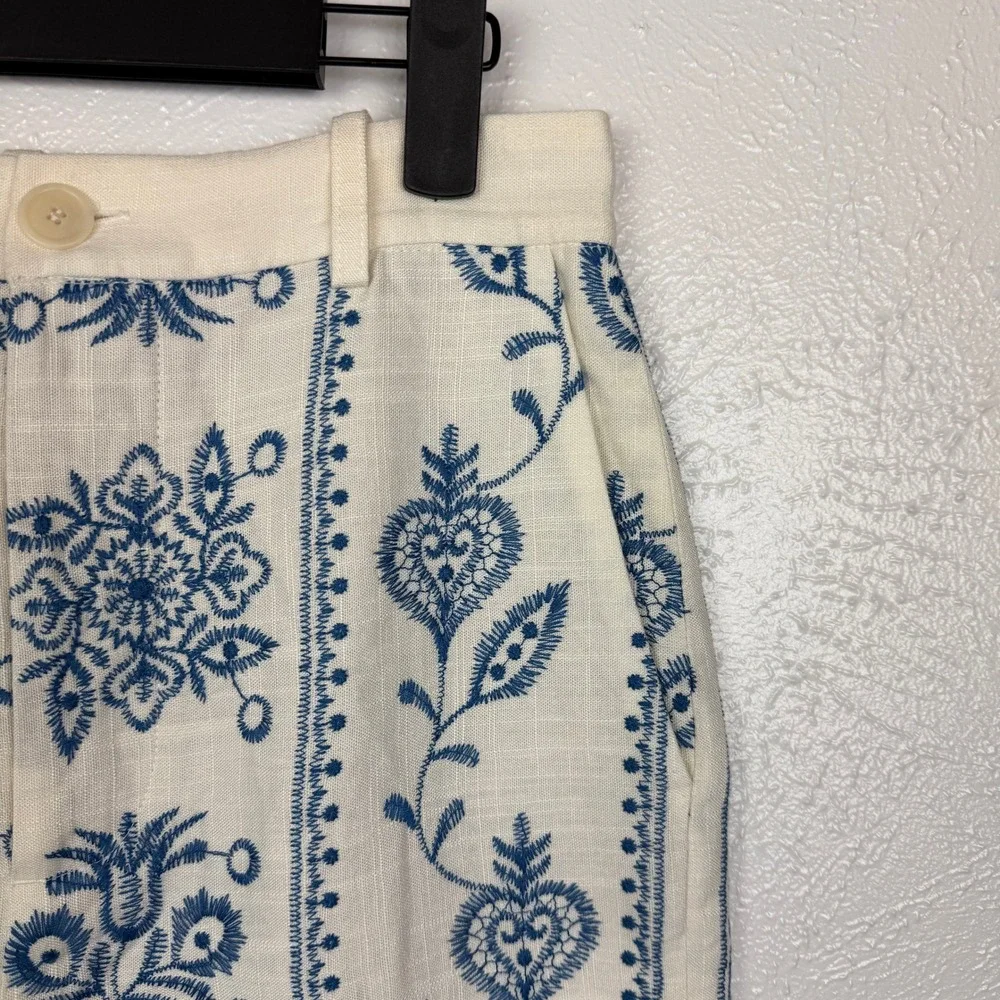 Zara Linen Embroidered Culottes Wide Leg Ankle Pants Ecru Cream Blue XS